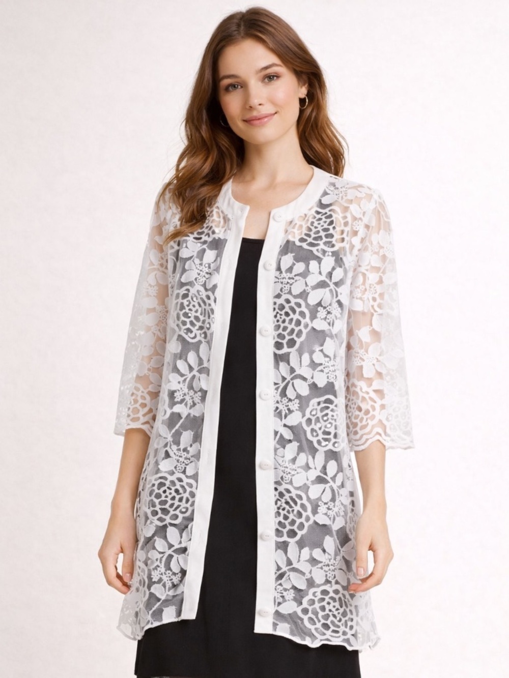 Melanie Lyne Sheer White Floral Lace Jacket - Size Medium